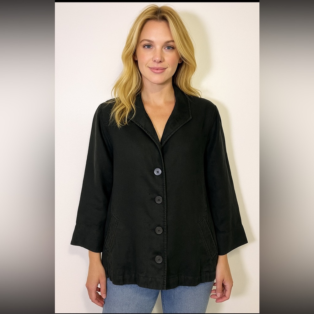 Eileen Fisher Womens Size Small Black Linen Button Up Blazer